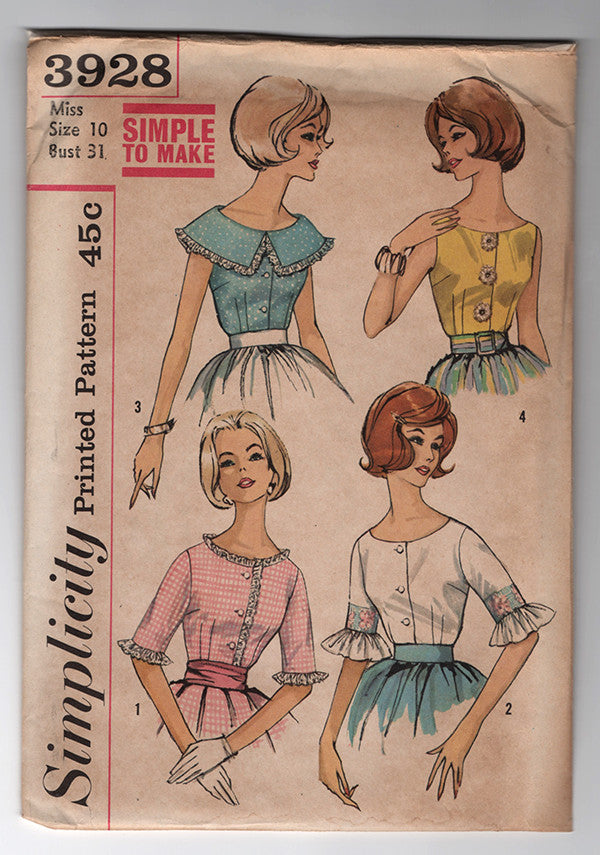 Simplicity 3928 - 1960s Vintage Pattern - Blouse Sewing Pattern