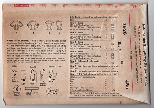 Simplicity 3928 - 1960s Vintage Pattern - Blouse Sewing Pattern