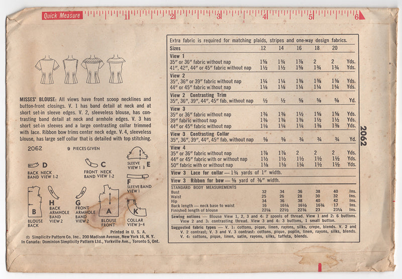 1950s Blouse Vintage Sewing Pattern - Simplicity 2062