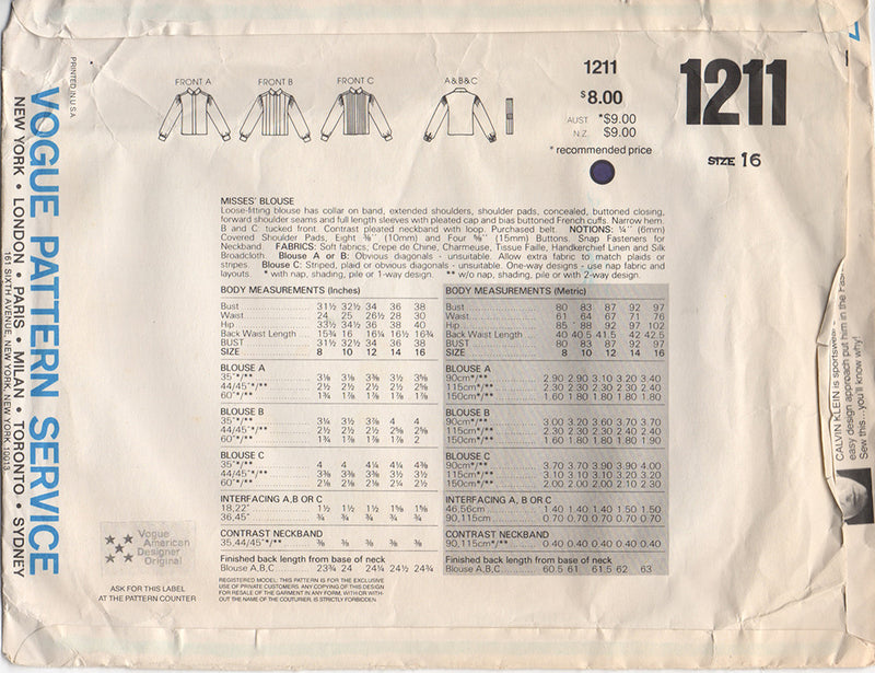 Vogue 1211 Calvin Klein Blouse Vintage Sewing Pattern
