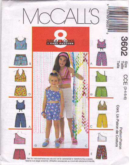 McCalls 3602 Sewing Pattern - Girls Summer Separates - Halter Top, One Shoulder Top, Shorts