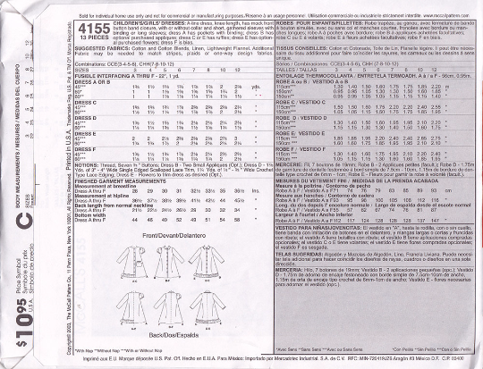 McCalls 4155 Sewing Pattern - Girls A-Line Dresses