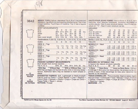 McCalls 3642 Vintage Sewing Pattern - 1980s Top with Neckline Variations