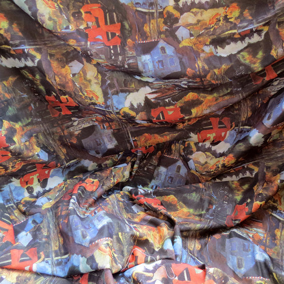 Vintage Fabric. Flocked Painterly Scene Fabric.