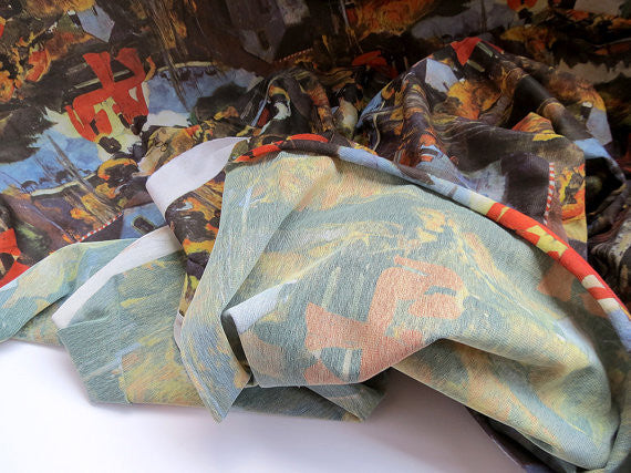 Vintage Fabric. Flocked Painterly Scene Fabric.