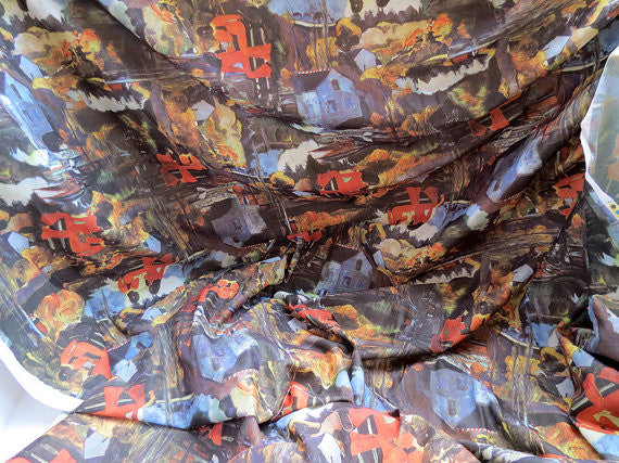 Vintage Fabric. Flocked Painterly Scene Fabric.