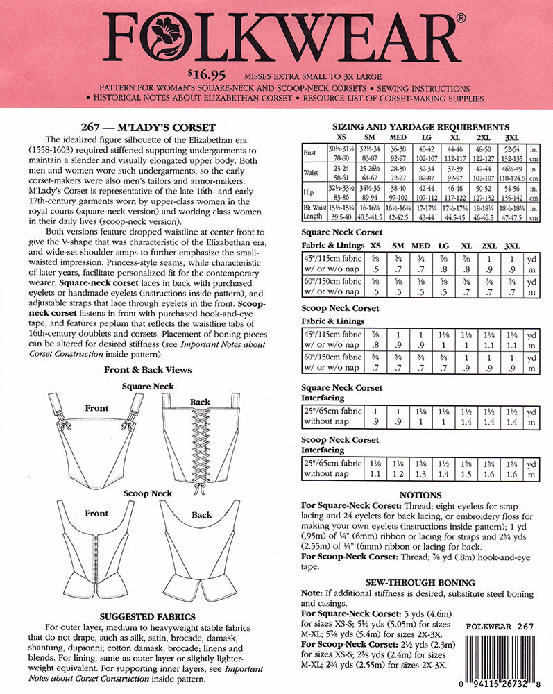M'Lady's Corset Sewing Pattern Folkwear 267