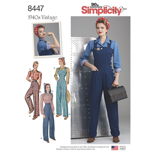 Simplicity 8447 Rosie the Riveter Overalls, Pants, and Blouses - 1940s Paper Sewing Pattern