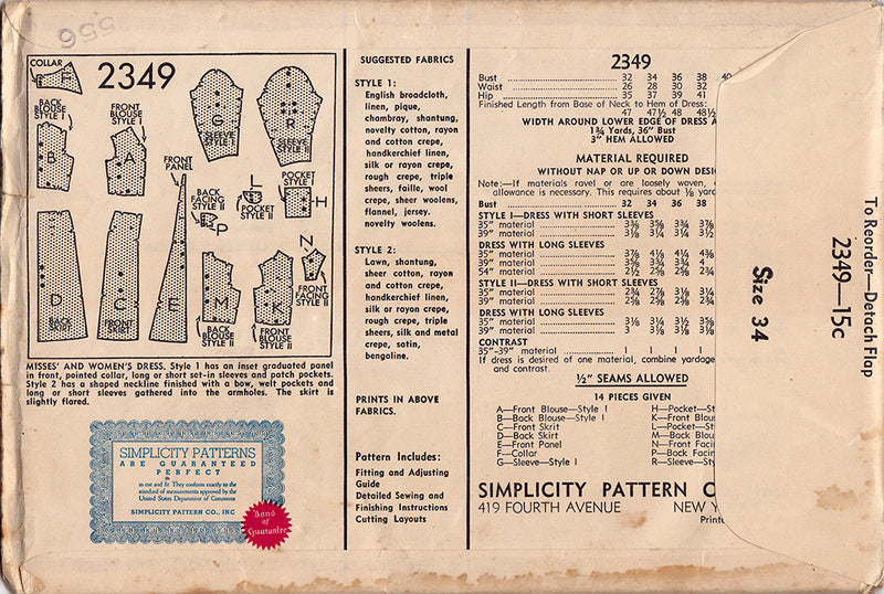 Simplicity 2349. 1930s Sewing Pattern. 1930s Dress Vintage Pattern.