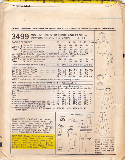 McCalls 3499 Vintage Sewing Pattern - 1970s Dress, Tunic, Pants