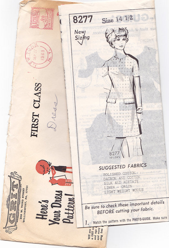 1960s Vintage Sewing Pattern: Dropped Waist Dress. Grit 8277 Mail Order Pattern