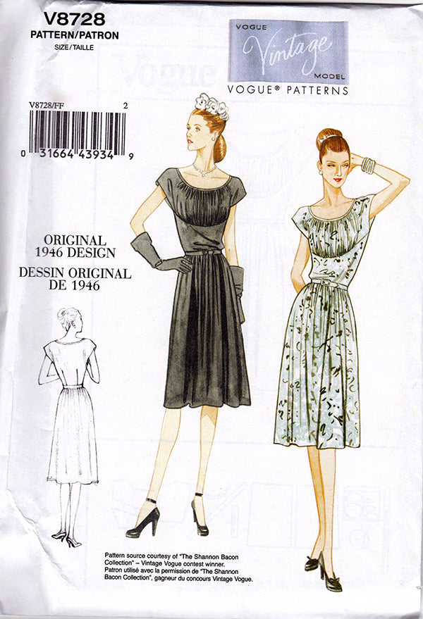 1940s Vintage Reproduction Sewing Pattern: Belted Dress. Vogue 8728