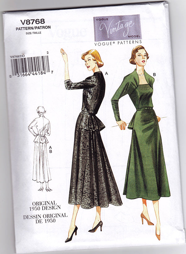 Vogue 8768 1950s Vintage Vogue Sewing Pattern: Peplum Dress. Vogue V8768