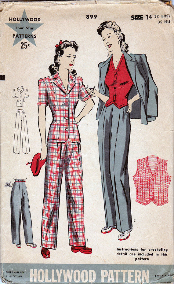 Hollywood 899 - 1940s Vintage Sewing Pattern: Pants, Jacket & Crocheted Vest