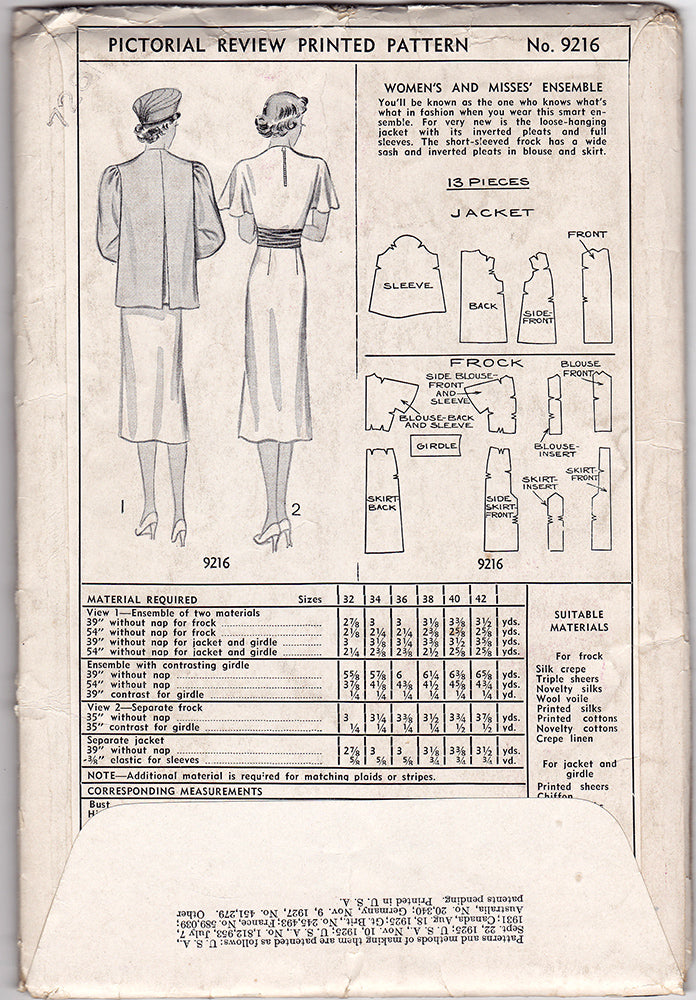 Pictorial Review 9216. 1930s Vintage Sewing Pattern. 40 Inch Bust