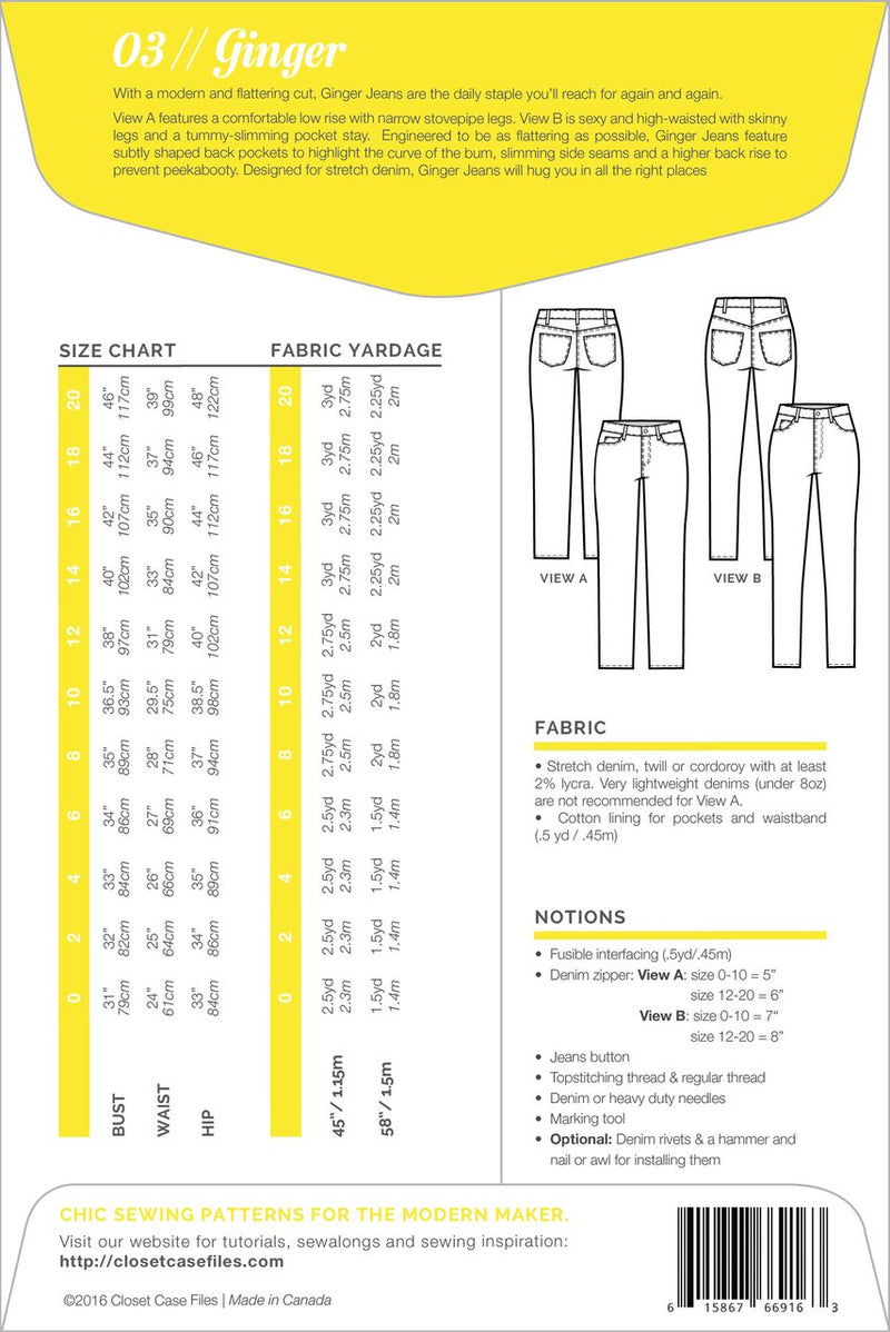 Closet Case Ginger Jeans Sewing Pattern - Paper