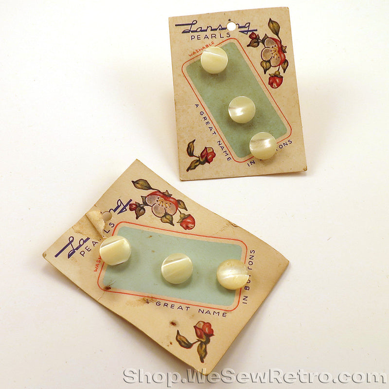 Six 1940s Vintage Pearl Buttons on Original Cards - Lansing Pearls