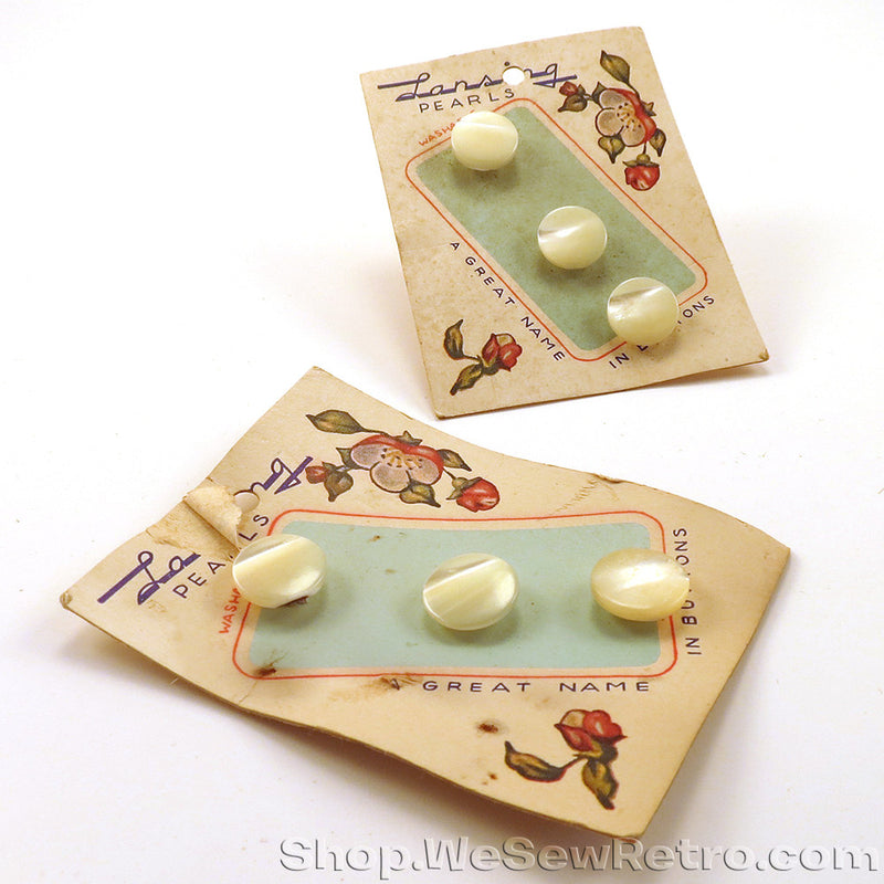 Six 1940s Vintage Pearl Buttons on Original Cards - Lansing Pearls