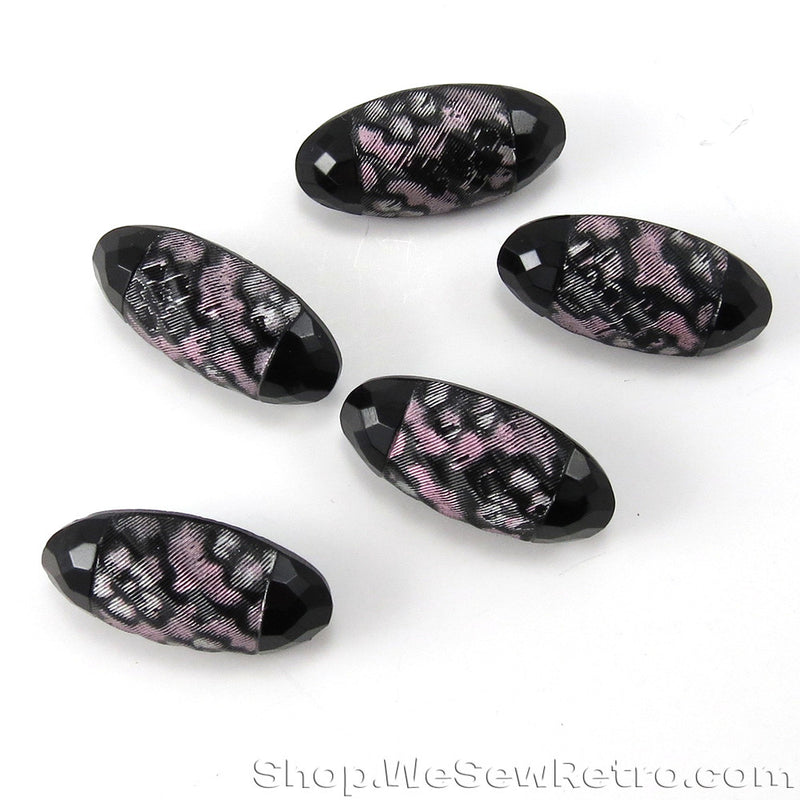 Set of 5 Antique Black Glass Buttons with Pink Accents