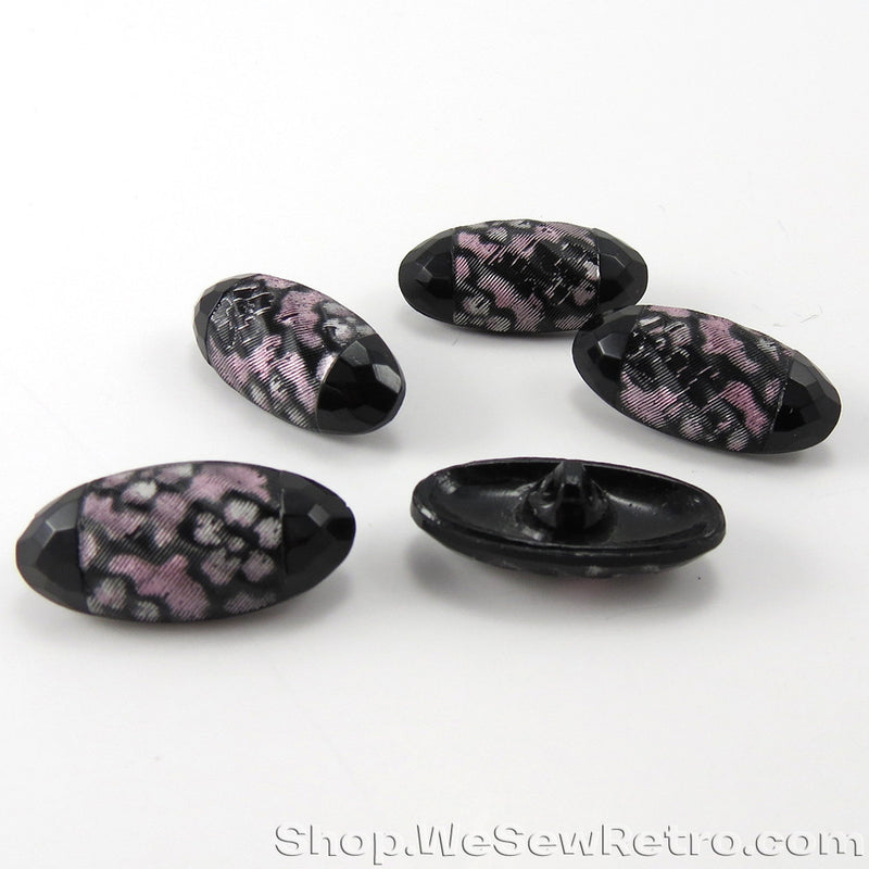Set of 5 Antique Black Glass Buttons with Pink Accents