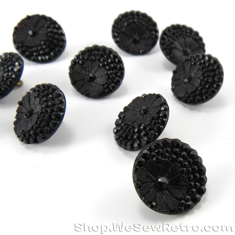 Set of 13 Black Jet Antique Buttons with Flower Motif