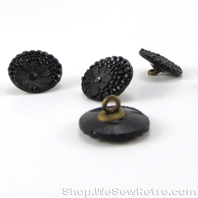Set of 13 Black Jet Antique Buttons with Flower Motif