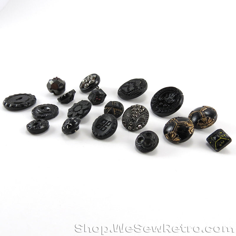 Set of 3 Vintage Black Glass Passementerie Buttons ~ Notched