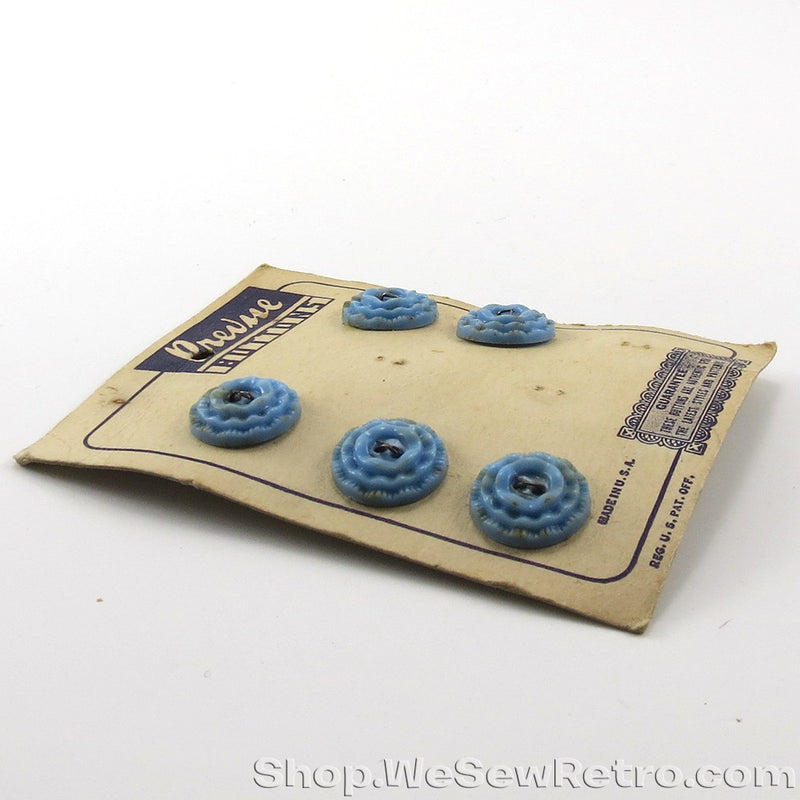 5 Cornflower Blue Vintage Buttons on original card