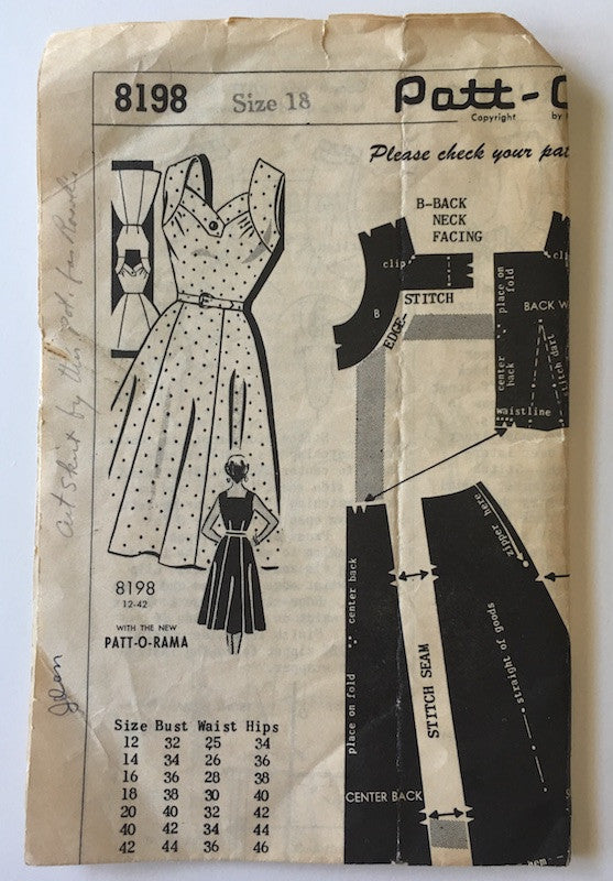 1950s Vintage Mail Order Sewing Pattern - Dress Pattern Patt-O-Rama 8198