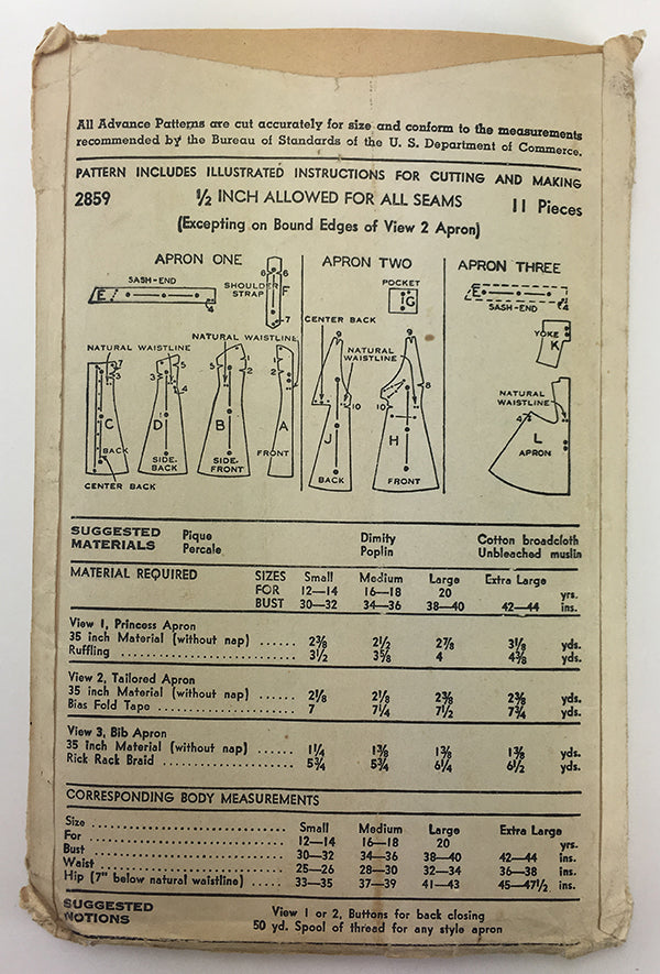 Advance 2859 1940s Apron Sewing Pattern - XL - 42 to 44 inch bust
