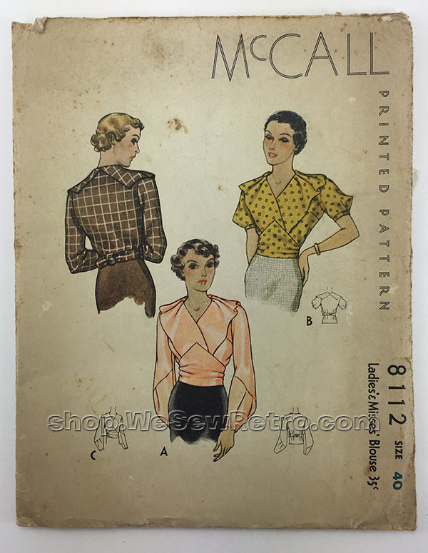 McCall 8112 1930s Blouse Sewing Pattern - 40 Bust