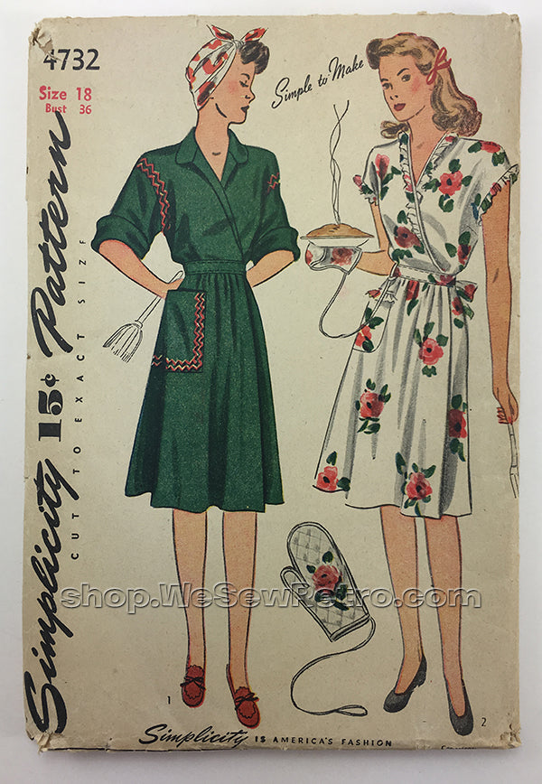 Simplicity 4732 1940s Housedress with Matching Oven Mitt Sewing Pattern
