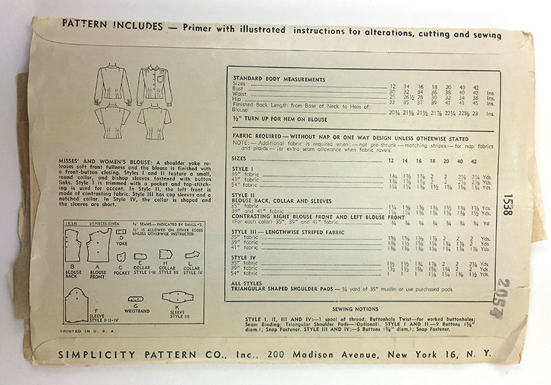 Simplicity 1538 1940s Blouse Sewing Pattern