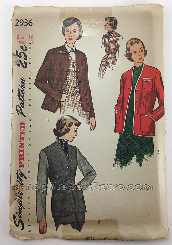 Simplicity 2936 1940s Cardigan and Weskit Sewing Pattern