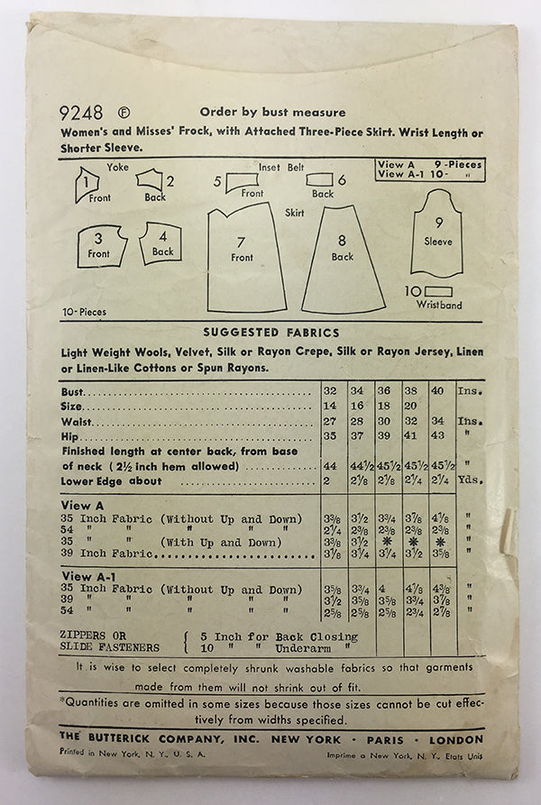 Butterick 9248 1940s Vintage Dress Sewing Pattern