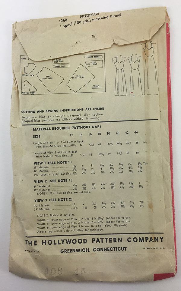 Hollywood 1260 1940s Slip Vintage Sewing Pattern
