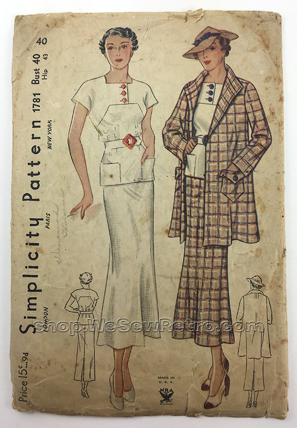 Simplicity 1781 1930s Vintage Dress Sewing Pattern - 40 bust