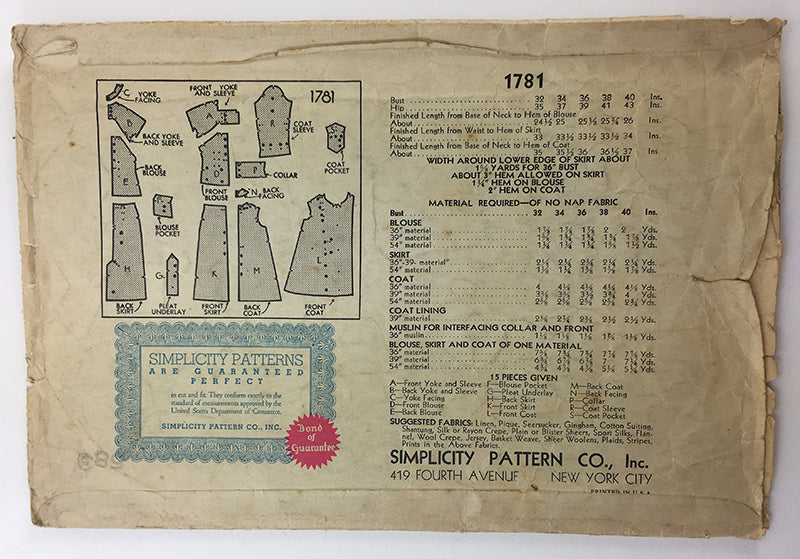 Simplicity 1781 1930s Vintage Dress Sewing Pattern - 40 bust