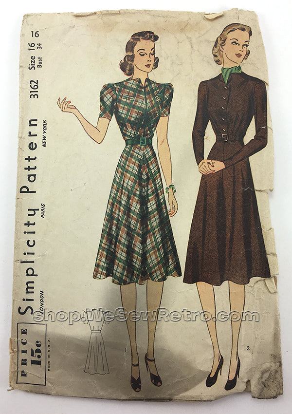 Simplicity 3162 1940s Dress Vintage Sewing Pattern