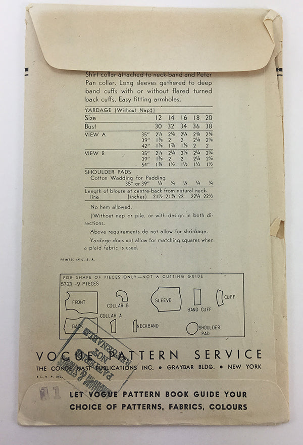 Vogue 5733 1940s Vintage Blouse Sewing Pattern