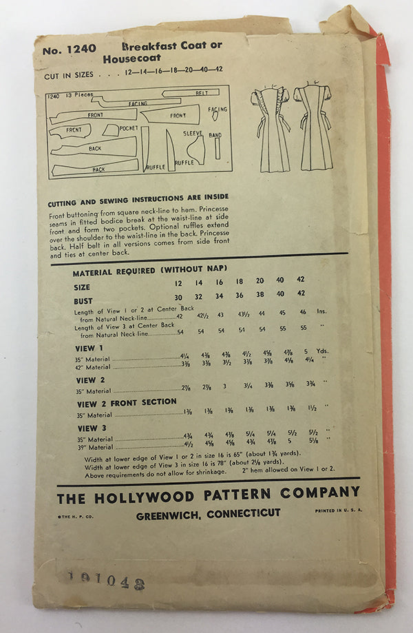 Hollywood 1240 1940s Dress Vintage Sewing Pattern
