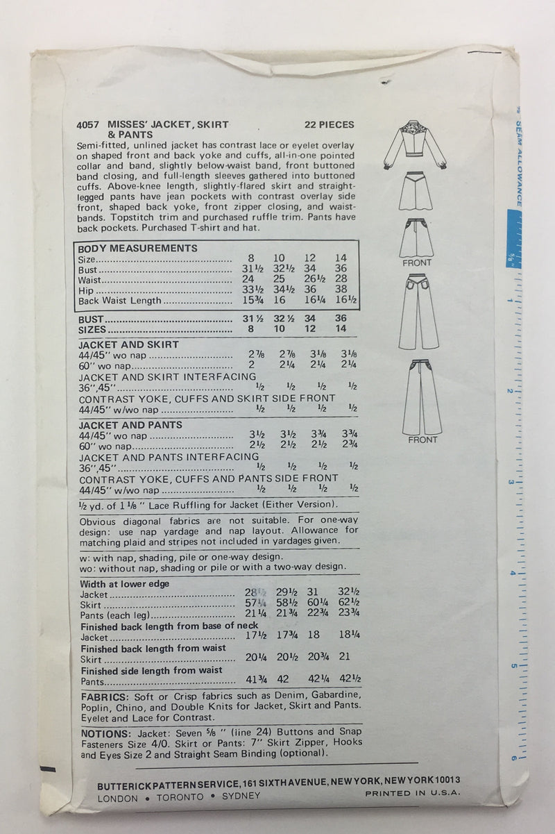 Butterick 4057 1970s Jeans, Skirt, Jacket Vintage Sewing Pattern
