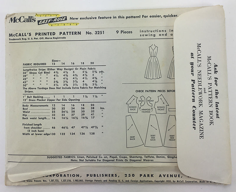 McCalls 3251 1950s Dress Vintage Sewing Pattern