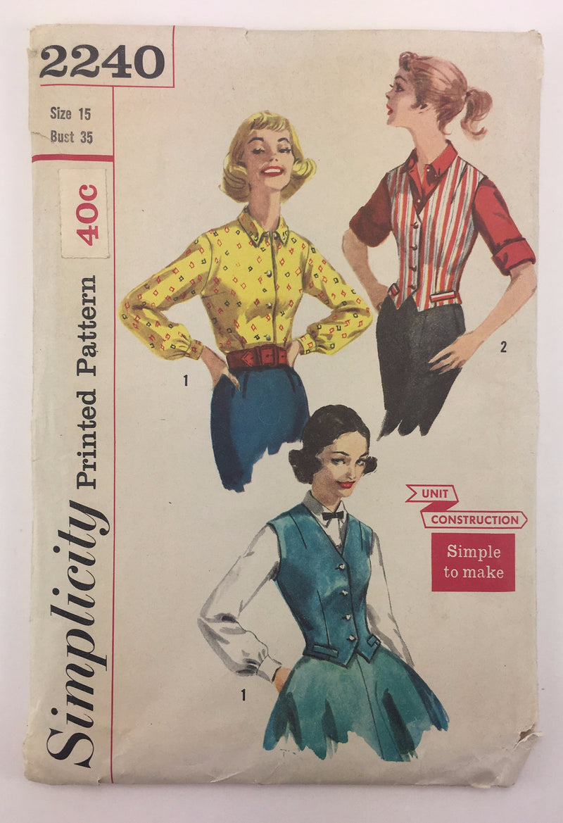 Simplicity 2240 1950s Blouse and Weskit Vintage Sewing Pattern