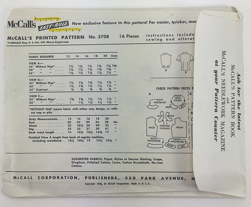 McCalls 3708 1950s Misses Blouse Vintage Sewing Pattern