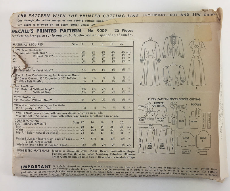 McCalls 9009 1950s Dress, Jumper, and Blouse Vintage Sewing Pattern