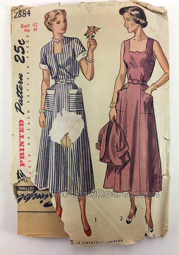 Simplicity 2884 1940s Dress and Bolero Vintage Sewing Pattern - 42 Bust