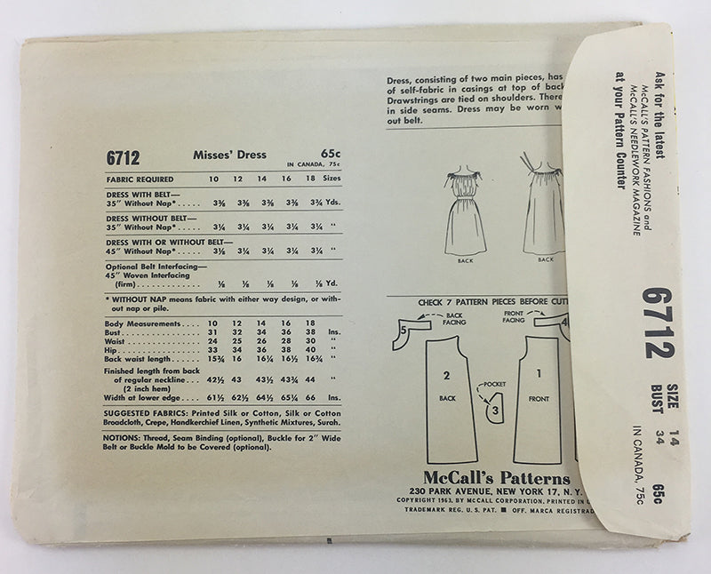 McCalls 6712 1960s Dress Vintage Sewing Pattern