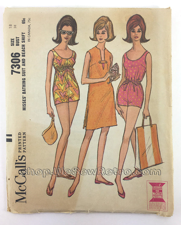McCalls 7306 1960s Bathing Suit and Beach Coverup Vintage Sewing Pattern