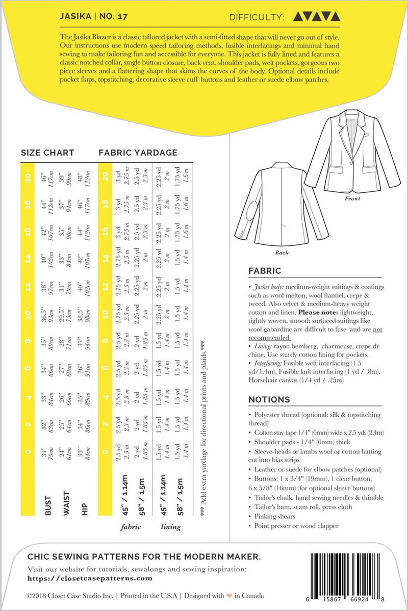 Closet Case Jasika Blazer Paper Sewing Pattern